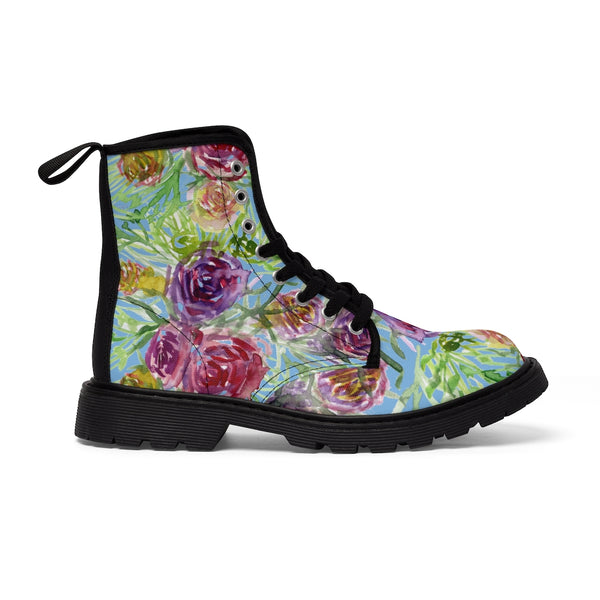 Blue Yellow Rose Women's Boots, Floral Print Elegant Feminine Casual Fashion Gifts, Flower Rose Print Shoes For Rose Lovers, Combat Boots, Designer Women's Winter Lace-up Toe Cap Hiking Boots Shoes For Women (US Size 6.5-11)