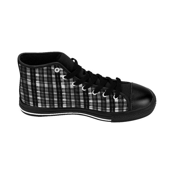 Black White Plaid Tartan Print Men's High-top Sneakers Tennis Shoes, Mens Plaid Shoes-Men's High Top Sneakers-Black-US 9-Heidi Kimura Art LLC