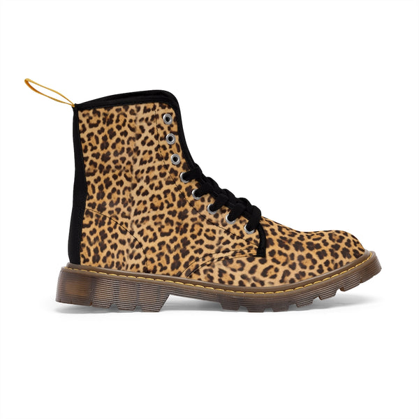 Brown Leopard Men's Canvas Boots, Animal Print Designer Winter Laced-up Boots For Men-Shoes-Printify-Heidi Kimura Art LLC