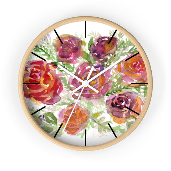 Orange Red Floral Print French Rose 10" Diameter Modern Wall Clock - Made in USA-Wall Clock-Wooden-White-Heidi Kimura Art LLC