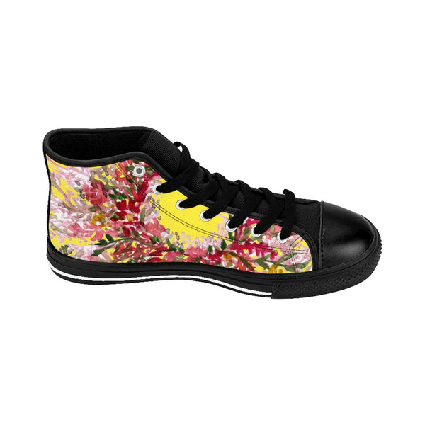 Yellow Red Fall Floral Print Designer Men's High-top Sneakers Running Tennis Shoes-Men's High Top Sneakers-Heidi Kimura Art LLC