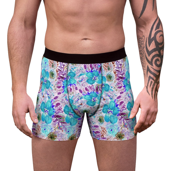 Blue Floral Print Men's Underwear, Designer Boxer Briefs-All Over Prints-Printify-Heidi Kimura Art LLC