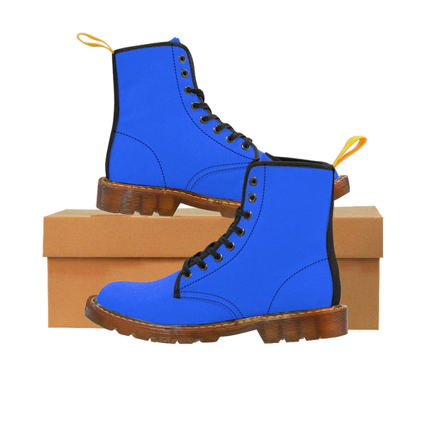 Blue Solid Color Print Men's Canvas Winter Laced Up Anti Heat+Moisture Boots Shoes-Men's Boots-Brown-US 8-Heidi Kimura Art LLC