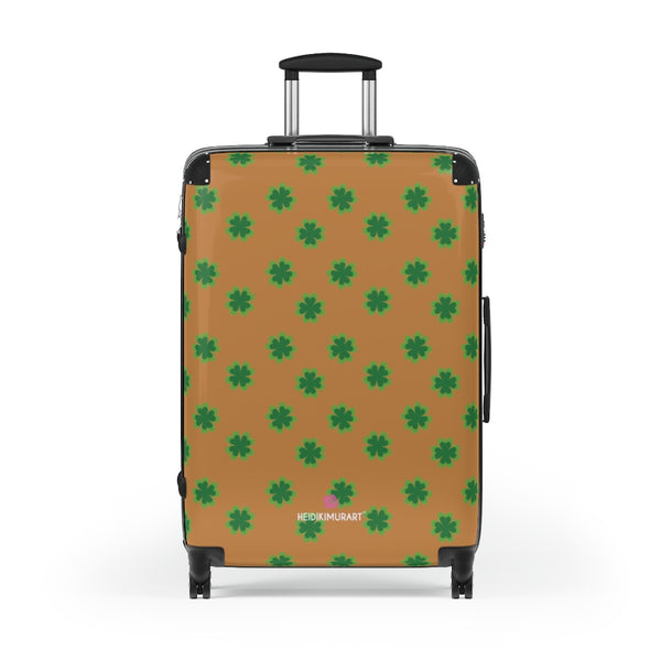 Brown Clover Print Suitcases, Irish Style St. Patrick's Day Holiday Designer Suitcase Luggage (Small, Medium, Large) Unique Cute Spacious Versatile and Lightweight Carry-On or Checked In Suitcase, Best Personal Superior Designer Adult's Travel Bag Custom Luggage - Gift For Him or Her - Made in USA/ UK