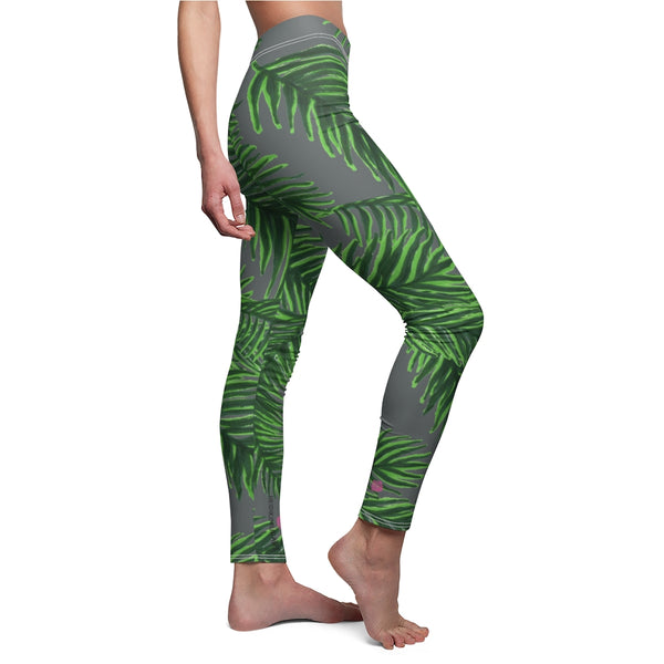 Grey Tropical Leaves Casual Tights, Best Jungle Leaves Women's Casual Leggings, Green Jungle Palm Tree Women's Long Leggings, Women's Fashion Best Designer Premium Quality Skinny Fit Premium Quality Casual Leggings - Made in USA (US Size: XS-2XL) 
