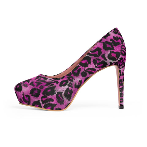Pink Snow Leopard Animal Print Women's Platform Heels Pumps (US Size: 5-11)-4 inch Heels-US 7-Heidi Kimura Art LLC