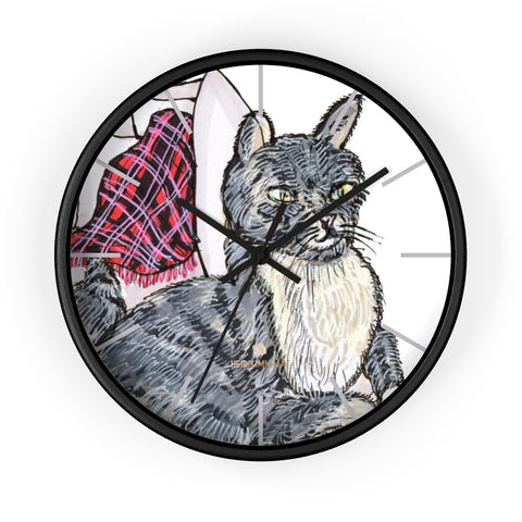 Gray Cat Print Wall Clock, Cute Animal Art Print 10 in. Dia. Indoor Wall Clock- Made in USA-Wall Clock-10 in-Black-Black-Heidi Kimura Art LLC