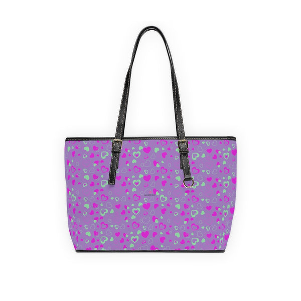 Purple Pink Hearts Tote Bag, PU Leather Shoulder Hand Work Bag