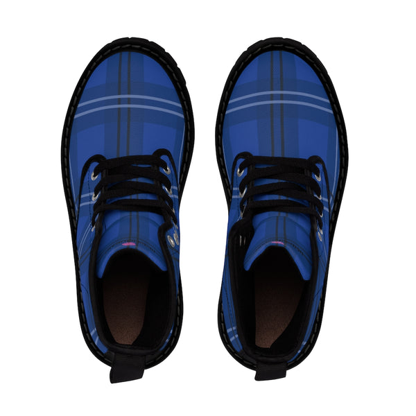 Blue Plaid Men's Canvas Boot, Royal Blue Tartan Scottish Plaid Print Hiking Canvas Shoes, Preppy Plaid Print Designer Men's Lace-Up Winter Boots Men's Shoes (US Size: 7-10.5) Men's Hiking Shoes, Hiking Boots For Men 