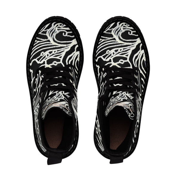 Black Japanese Wave Pattern Anti Heat + Moisture Designer Men's Winter Boots Shoes-Men's Boots-Heidi Kimura Art LLC