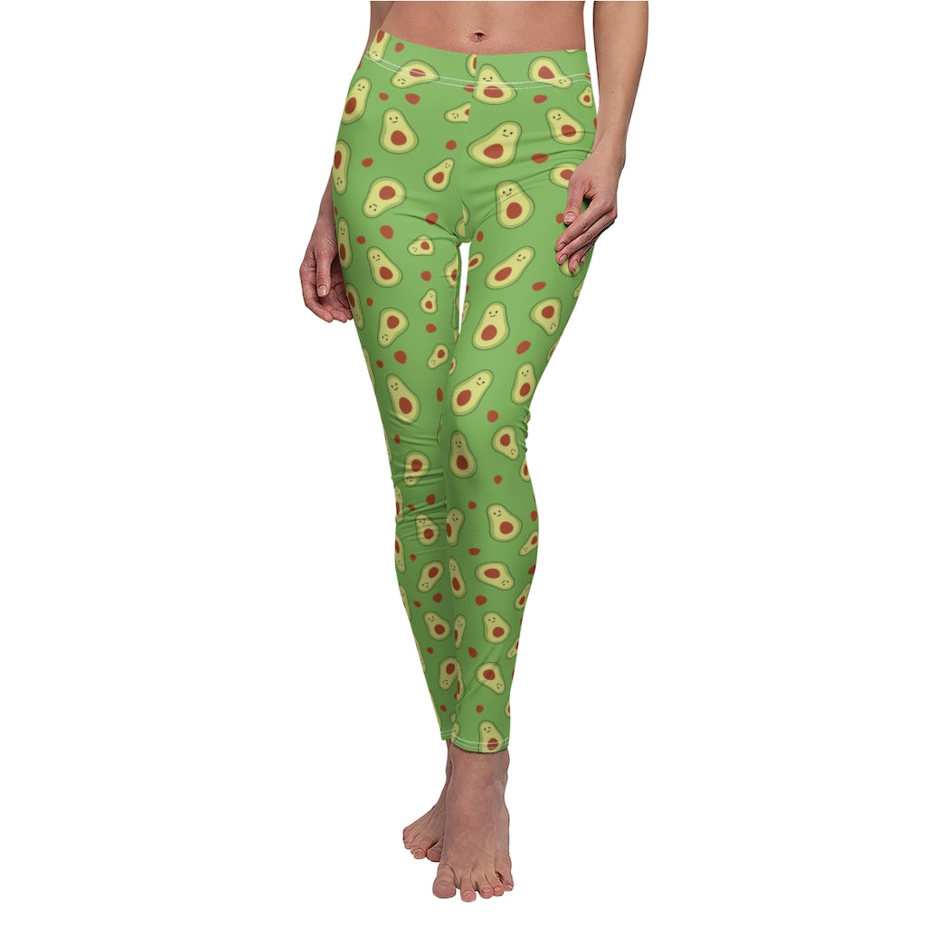 Light Green Avocado Cute Print Women's Dressy Long Casual Leggings- Made in USA-Casual Leggings-White Seams-M-Heidi Kimura Art LLC