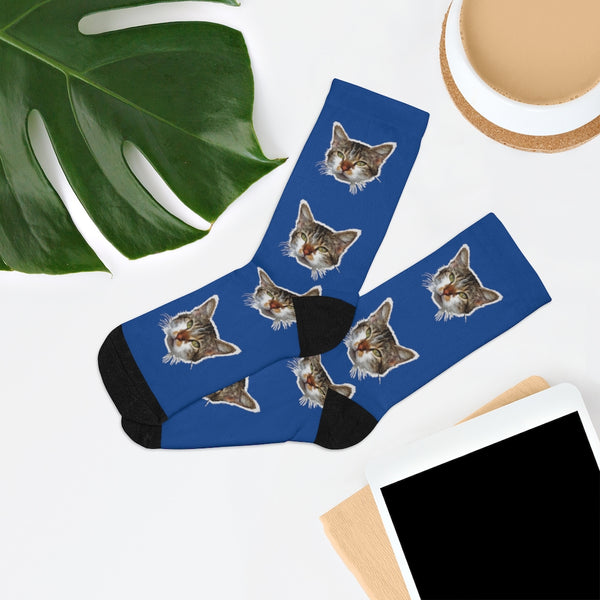 Dark Blue Cat Print Socks, Cute Calico Cat One-Size Knit Premium Socks- Made in USA-Socks-One size-Heidi Kimura Art LLC