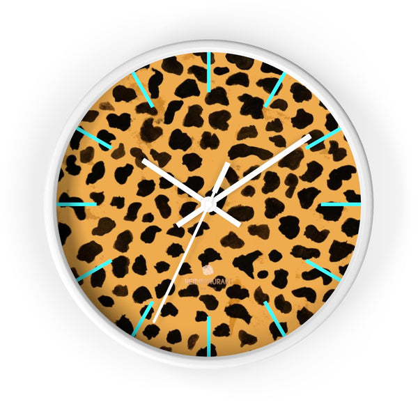 Brown Cheetah Print Wall Clock, Animal Print Best 10 in. Dia. Indoor Clock- Made in USA-Wall Clock-10 in-White-White-Heidi Kimura Art LLC