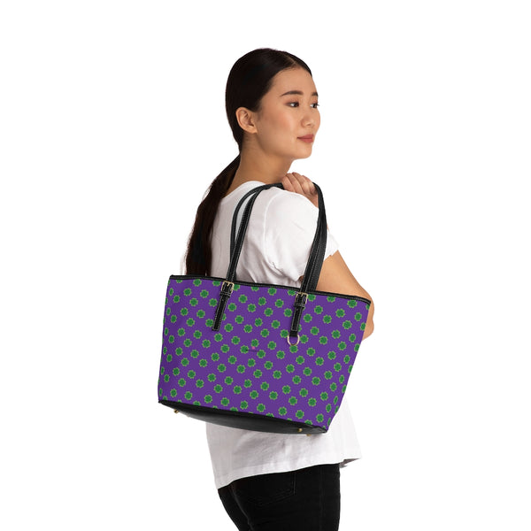 Purple Clovers Tote Bag, PU Leather Shoulder Hand Work Bag