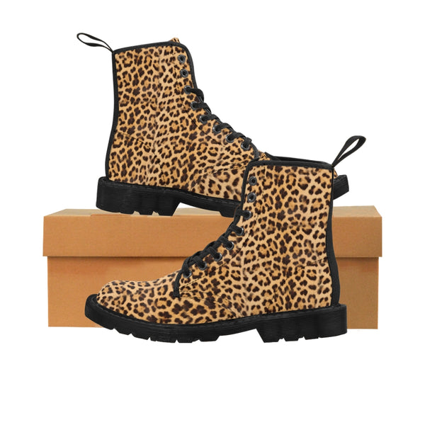 Brown Leopard Men's Canvas Boots, Animal Print Designer Winter Laced-up Boots For Men-Shoes-Printify-Black-US 8-Heidi Kimura Art LLC