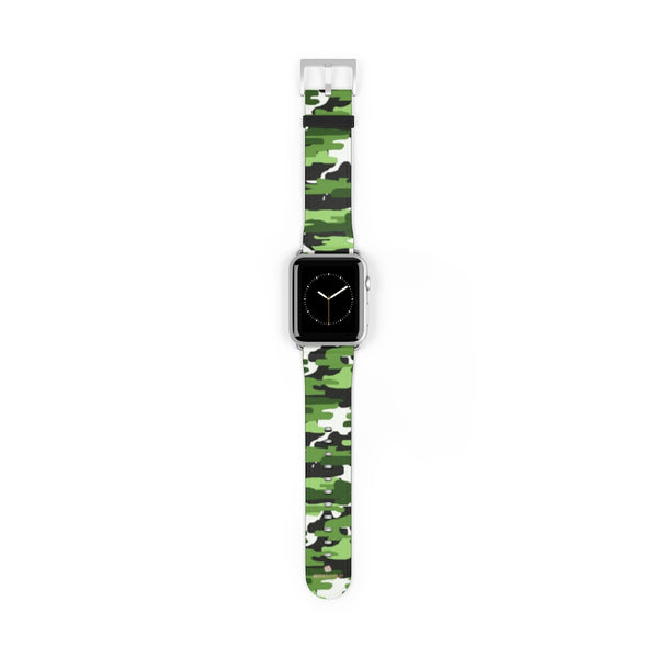 Green & White Camo Print 38mm/42mm Watch Band For Apple Watch- Made in USA-Watch Band-42 mm-Silver Matte-Heidi Kimura Art LLC