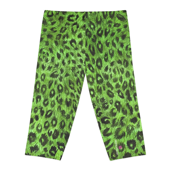 Green Leopard Women's Capri Leggings, Knee-Length Polyester Capris Tights-Made in USA (US Size: XS-2XL)
