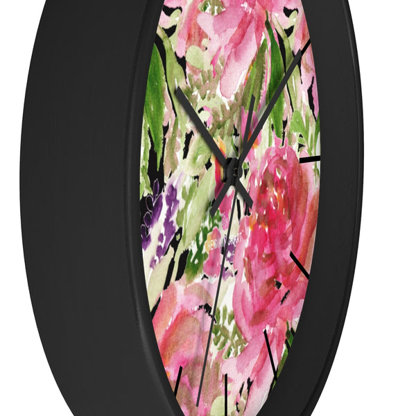 Pink Floral Rose Wall Clock,  Floral 10 inch Diameter Wall Clock, Large Round Wood Girl Children Bedroom Wall Clock