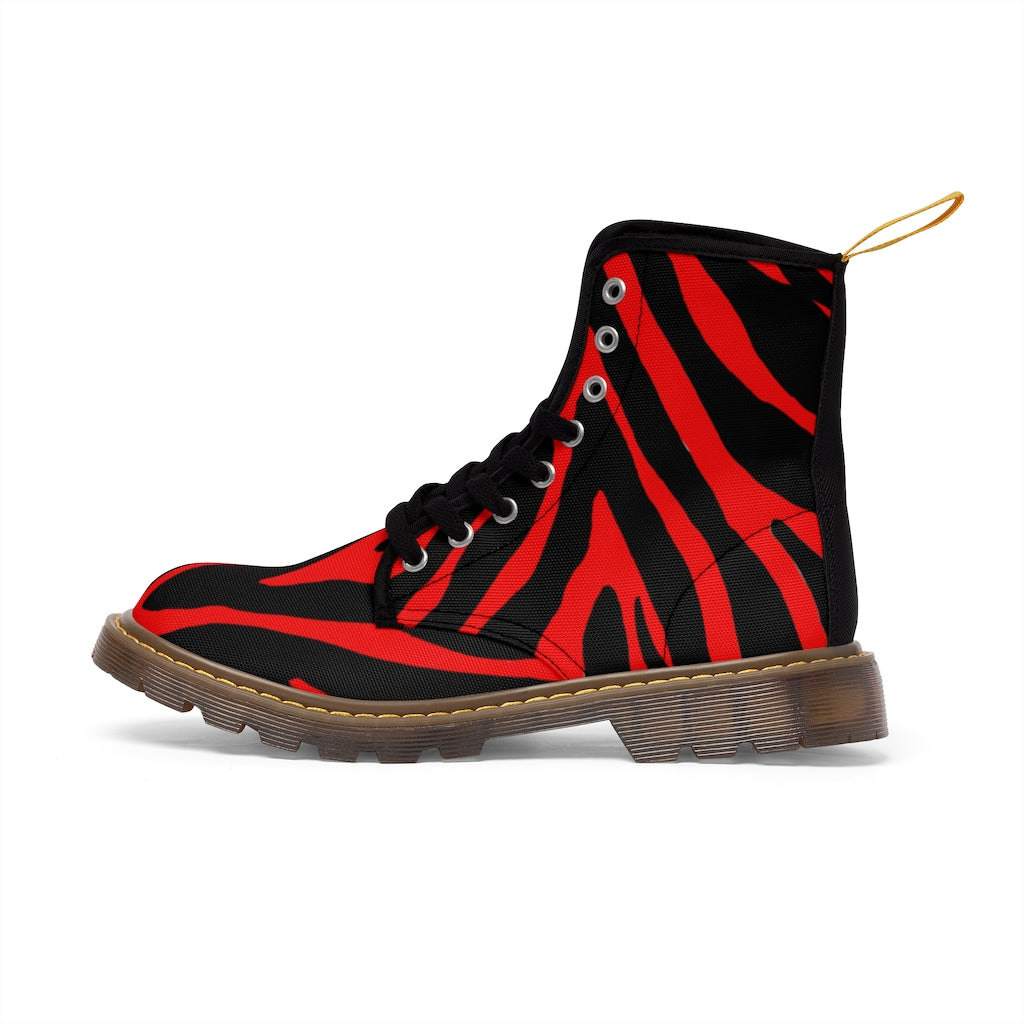 Red Zebra Women's Canvas Boots, Striped Animal Print Winter Boots For Ladies-Shoes-Printify-Brown-US 9-Heidi Kimura Art LLC Red Zebra Women's Canvas Boots, Best Zebra Striped Animal Print Modern Essential Casual Fashion Hiking Boots, Canvas Hiker's Shoes For Mountain Lovers, Stylish Premium Combat Boots, Designer Women's Winter Lace-up Toe Cap Hiking Boots Shoes For Women (US Size 6.5-11)