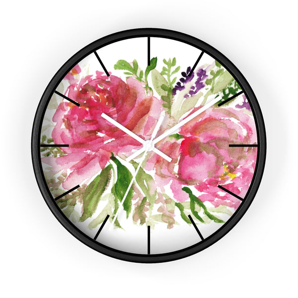 Pink Spring Rose Floral Print Flower 10 inch Diameter Flower Wall Clock - Made in USA-Wall Clock-Black-White-Heidi Kimura Art LLC