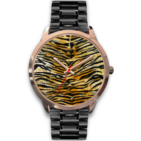 Luxury Tiger Stripe Faux Fur Designer Men's 40mm or Women's 34mm Metal Watch-Rose Gold Watch-Mens 40mm-Black Metal Link-Heidi Kimura Art LLC