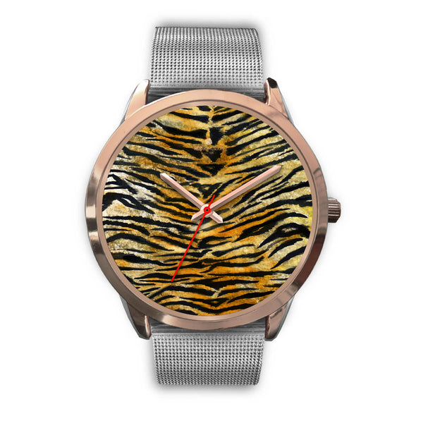 Luxury Tiger Stripe Faux Fur Designer Men's 40mm or Women's 34mm Metal Watch-Rose Gold Watch-Mens 40mm-Silver Metal Mesh-Heidi Kimura Art LLC
