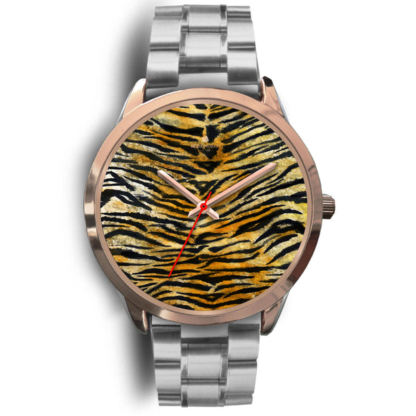 Luxury Tiger Stripe Faux Fur Designer Men's 40mm or Women's 34mm Metal Watch-Rose Gold Watch-Mens 40mm-Silver Metal Link-Heidi Kimura Art LLC