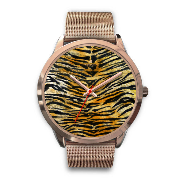 Luxury Tiger Stripe Faux Fur Designer Men's 40mm or Women's 34mm Metal Watch-Rose Gold Watch-Mens 40mm-Rose Gold Metal Mesh-Heidi Kimura Art LLC