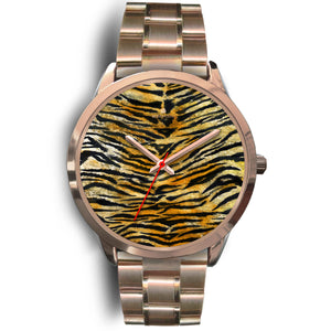 Luxury Tiger Stripe Faux Fur Designer Men's 40mm or Women's 34mm Metal Watch-Rose Gold Watch-Mens 40mm-Rose Gold Metal Link-Heidi Kimura Art LLC
