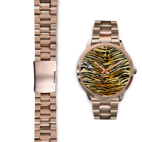 Luxury Tiger Stripe Faux Fur Designer Men's 40mm or Women's 34mm Metal Watch-Rose Gold Watch-Heidi Kimura Art LLC