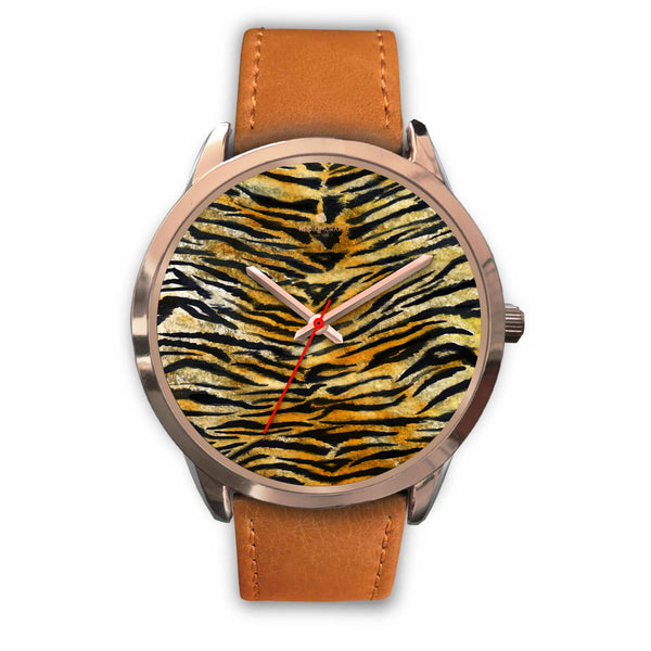 Luxury Tiger Stripe Faux Fur Designer Men's 40mm or Women's 34mm Metal Watch-Rose Gold Watch-Mens 40mm-Brown Leather-Heidi Kimura Art LLC