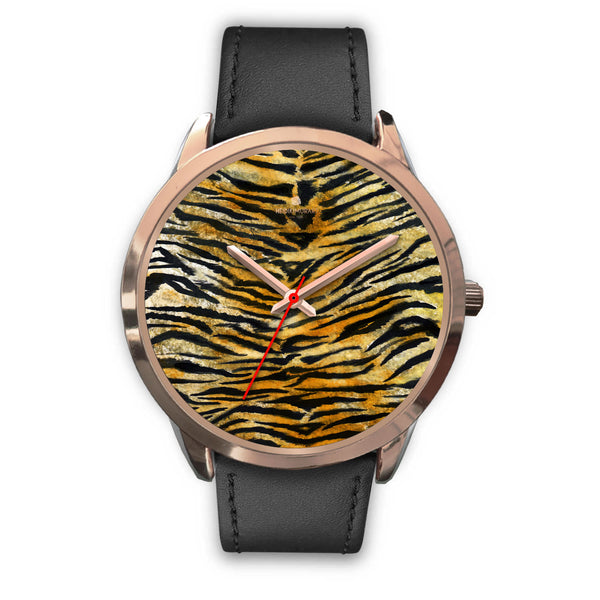 Luxury Tiger Stripe Faux Fur Designer Men's 40mm or Women's 34mm Metal Watch-Rose Gold Watch-Mens 40mm-Black Leather-Heidi Kimura Art LLC