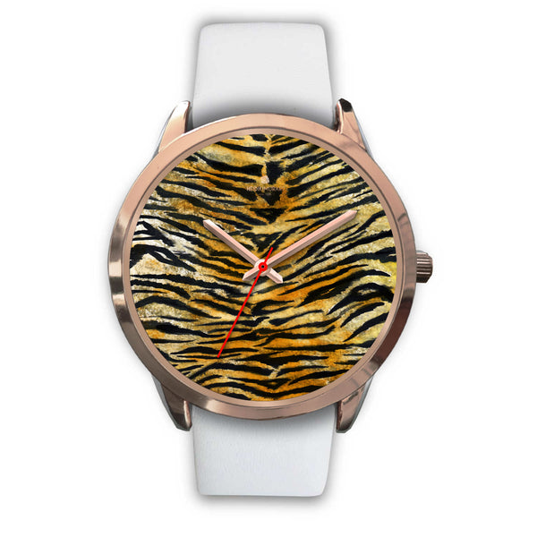 Luxury Tiger Stripe Faux Fur Designer Men's 40mm or Women's 34mm Metal Watch-Rose Gold Watch-Mens 40mm-White Leather-Heidi Kimura Art LLC