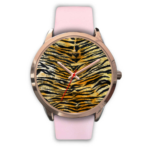 Luxury Tiger Stripe Faux Fur Designer Men's 40mm or Women's 34mm Metal Watch-Rose Gold Watch-Mens 40mm-Pink Leather-Heidi Kimura Art LLC