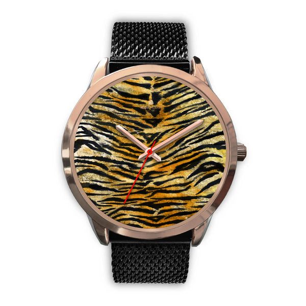 Luxury Tiger Stripe Faux Fur Designer Men's 40mm or Women's 34mm Metal Watch-Rose Gold Watch-Mens 40mm-Black Metal Mesh-Heidi Kimura Art LLC