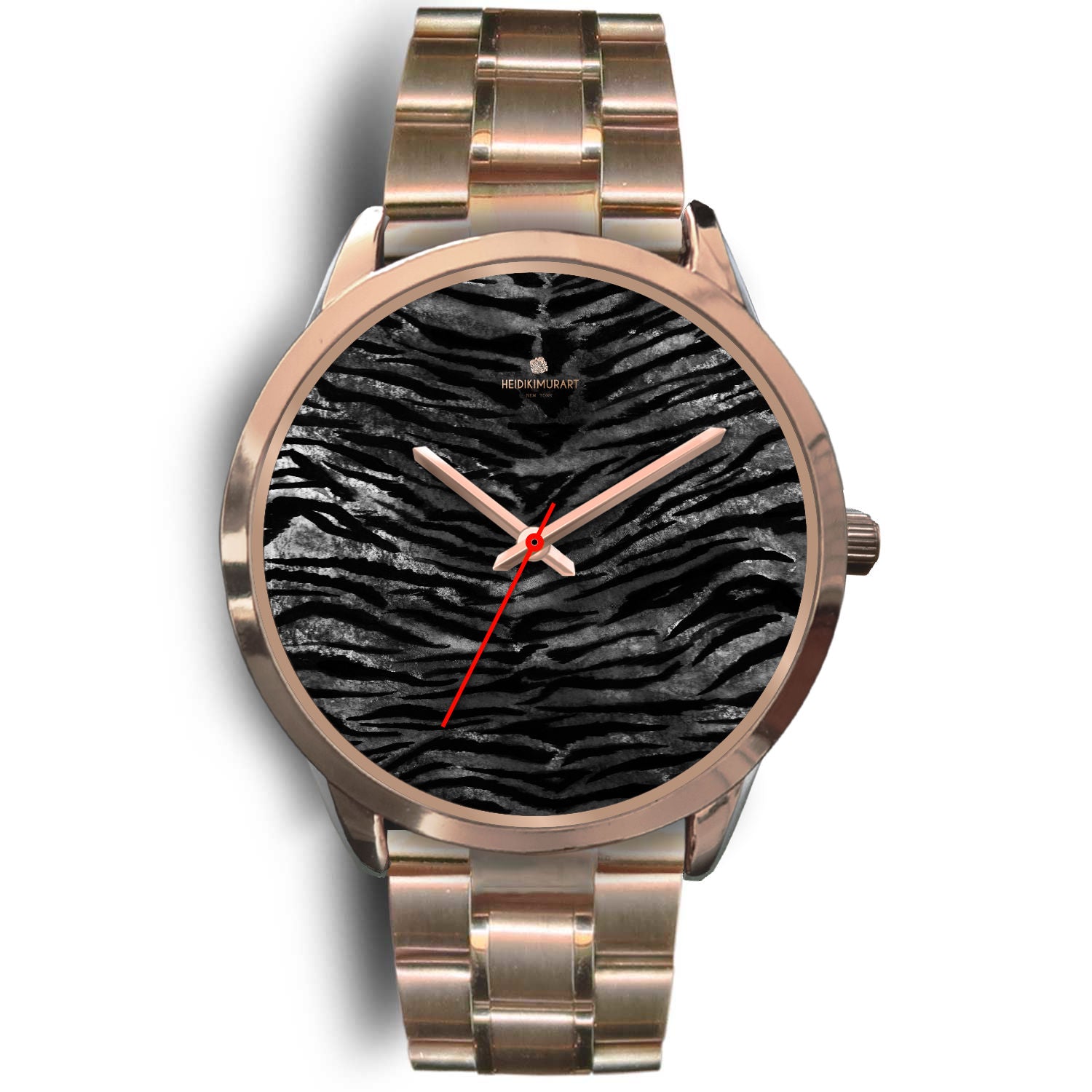 Luxury Black Tiger Stripe Faux Fur Men's/ Women's Rose Gold Accent Unisex Watch-Rose Gold Watch-Mens 40mm-Rose Gold Metal Link-Heidi Kimura Art LLC