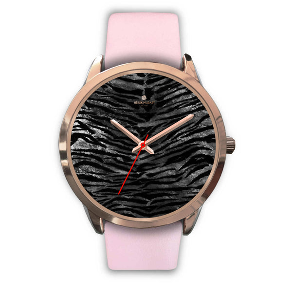 Luxury Black Tiger Stripe Faux Fur Men's/ Women's Rose Gold Accent Unisex Watch-Rose Gold Watch-Mens 40mm-Pink Leather-Heidi Kimura Art LLC