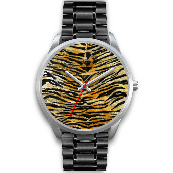 Tiger Stripe Faux Fur Stripes Pattern Silver Metal Designer Unisex Premium Watch-Silver Watch-Mens 40mm-Black Metal Link-Heidi Kimura Art LLC