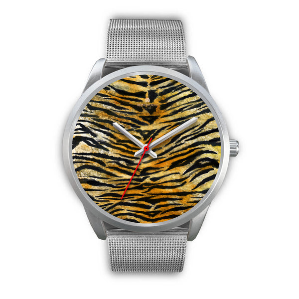 Tiger Stripe Faux Fur Stripes Pattern Silver Metal Designer Unisex Premium Watch-Silver Watch-Mens 40mm-Silver Metal Mesh-Heidi Kimura Art LLC