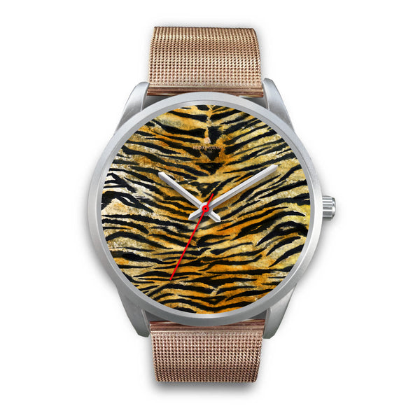 Tiger Stripe Faux Fur Stripes Pattern Silver Metal Designer Unisex Premium Watch-Silver Watch-Mens 40mm-Rose Gold Metal Mesh-Heidi Kimura Art LLC