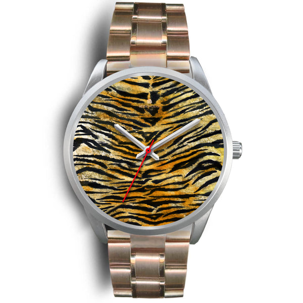 Tiger Stripe Faux Fur Stripes Pattern Silver Metal Designer Unisex Premium Watch-Silver Watch-Mens 40mm-Rose Gold Metal Link-Heidi Kimura Art LLC