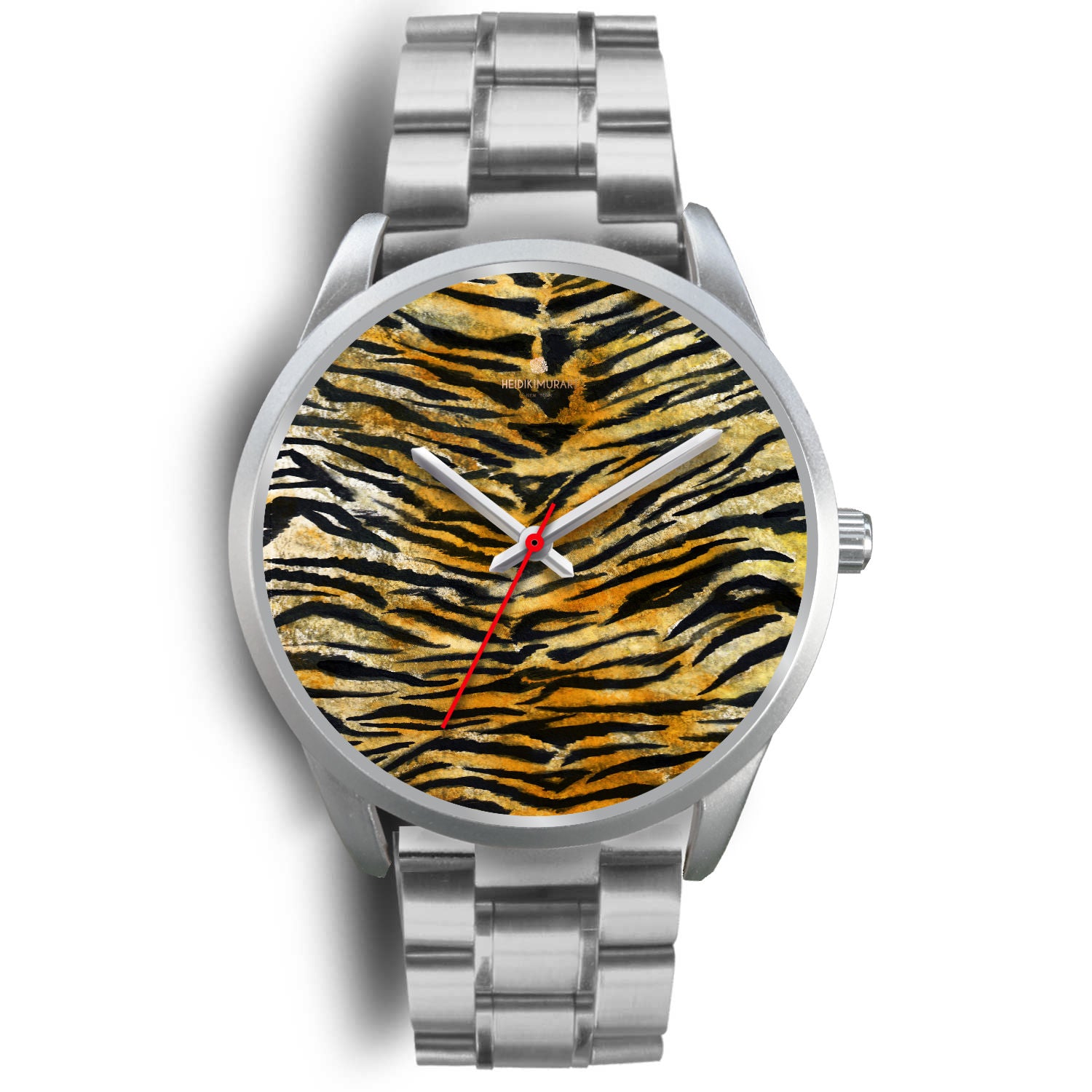 Tiger Stripe Faux Fur Stripes Pattern Silver Metal Designer Unisex Premium Watch-Silver Watch-Mens 40mm-Silver Metal Link-Heidi Kimura Art LLC