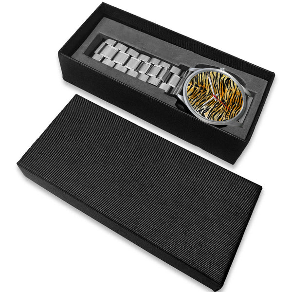Tiger Stripe Faux Fur Stripes Pattern Silver Metal Designer Unisex Premium Watch-Silver Watch-Heidi Kimura Art LLC