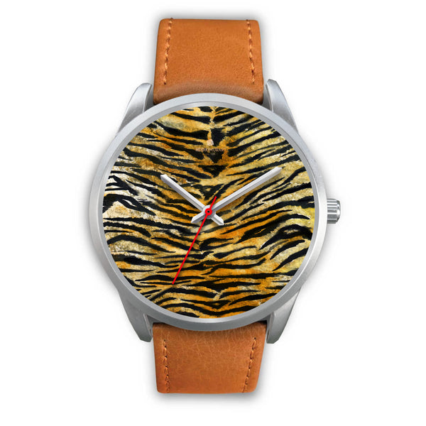 Tiger Stripe Faux Fur Stripes Pattern Silver Metal Designer Unisex Premium Watch-Silver Watch-Mens 40mm-Brown Leather-Heidi Kimura Art LLC