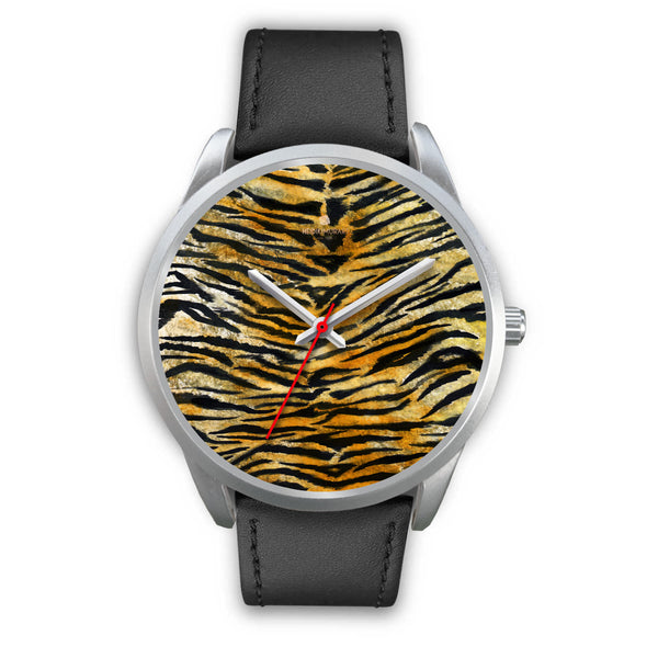 Tiger Stripe Faux Fur Stripes Pattern Silver Metal Designer Unisex Premium Watch-Silver Watch-Mens 40mm-Black Leather-Heidi Kimura Art LLC