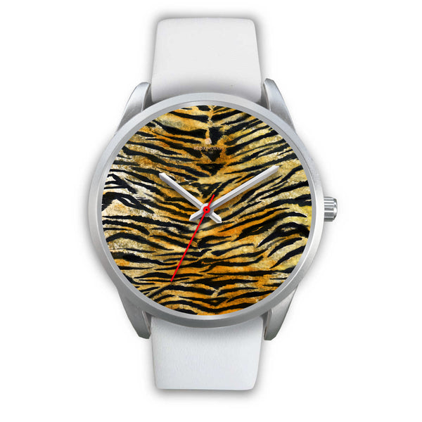 Tiger Stripe Faux Fur Stripes Pattern Silver Metal Designer Unisex Premium Watch-Silver Watch-Mens 40mm-White Leather-Heidi Kimura Art LLC