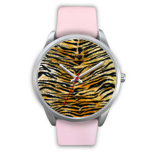 Tiger Stripe Faux Fur Stripes Pattern Silver Metal Designer Unisex Premium Watch-Silver Watch-Mens 40mm-Pink Leather-Heidi Kimura Art LLC