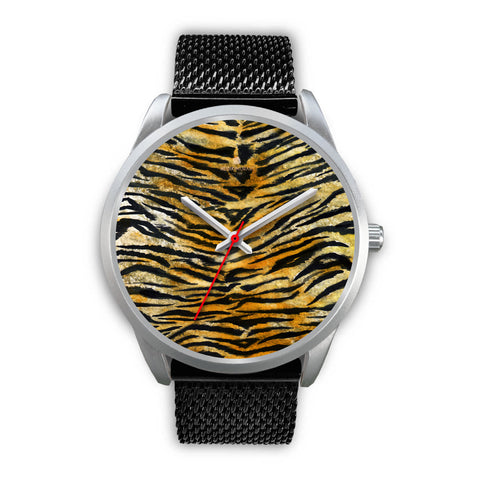Tiger Stripe Faux Fur Stripes Pattern Silver Metal Designer Unisex Premium Watch-Silver Watch-Mens 40mm-Black Metal Mesh-Heidi Kimura Art LLC