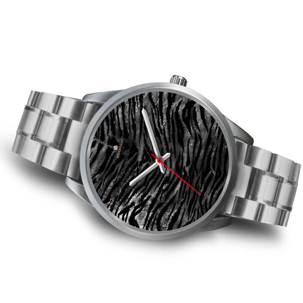 Black Tiger Stripe Faux Fur Stripes Pattern Silver Metal Personalizable Unisex Watch-Silver Watch-Heidi Kimura Art LLC