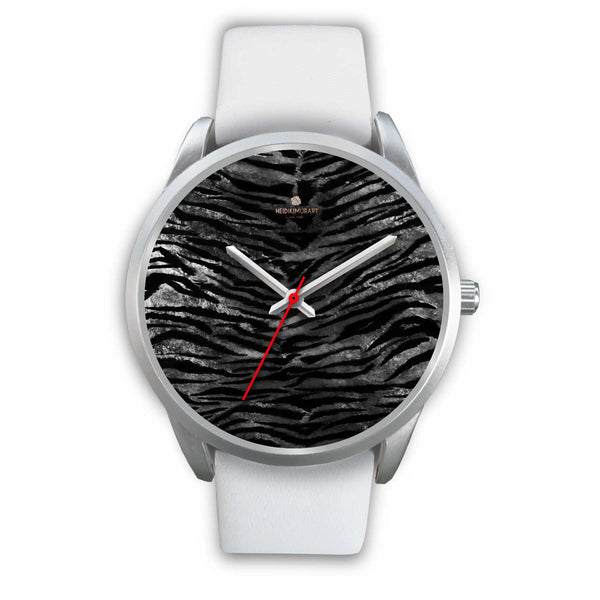 Black Tiger Stripe Faux Fur Stripes Pattern Silver Metal Personalizable Unisex Watch-Silver Watch-Mens 40mm-White Leather-Heidi Kimura Art LLC